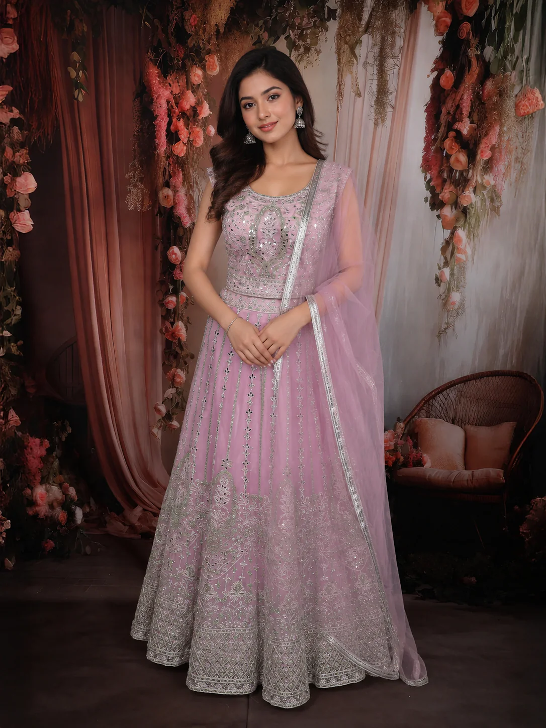 Light Lavender Floral Thread and Mirror Embroidered Design Net Lehenga with Dupatta